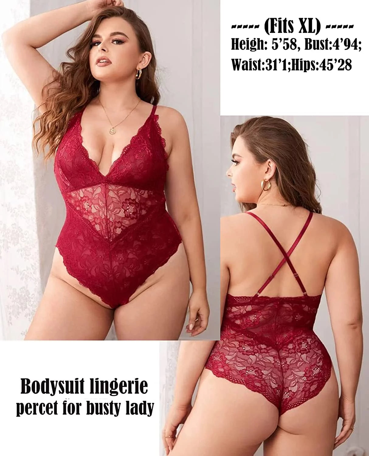 Women Lingerie One Piece Bodysuit Teddy One Piece Babydoll Red(Dark Red,Xxl)