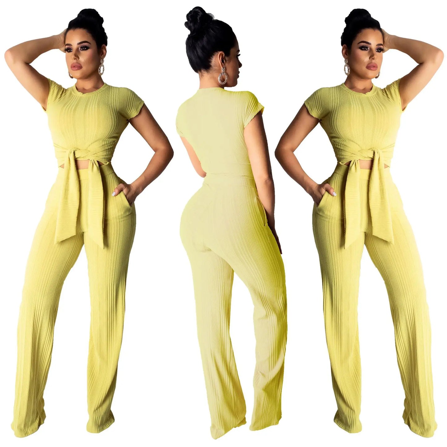 Women Bandage O-Neck Long Sleeve Crop Top Full Pants Tracksuits Two Pieces Set for Women Tops Pants 2 Piece Set Women'S Suit