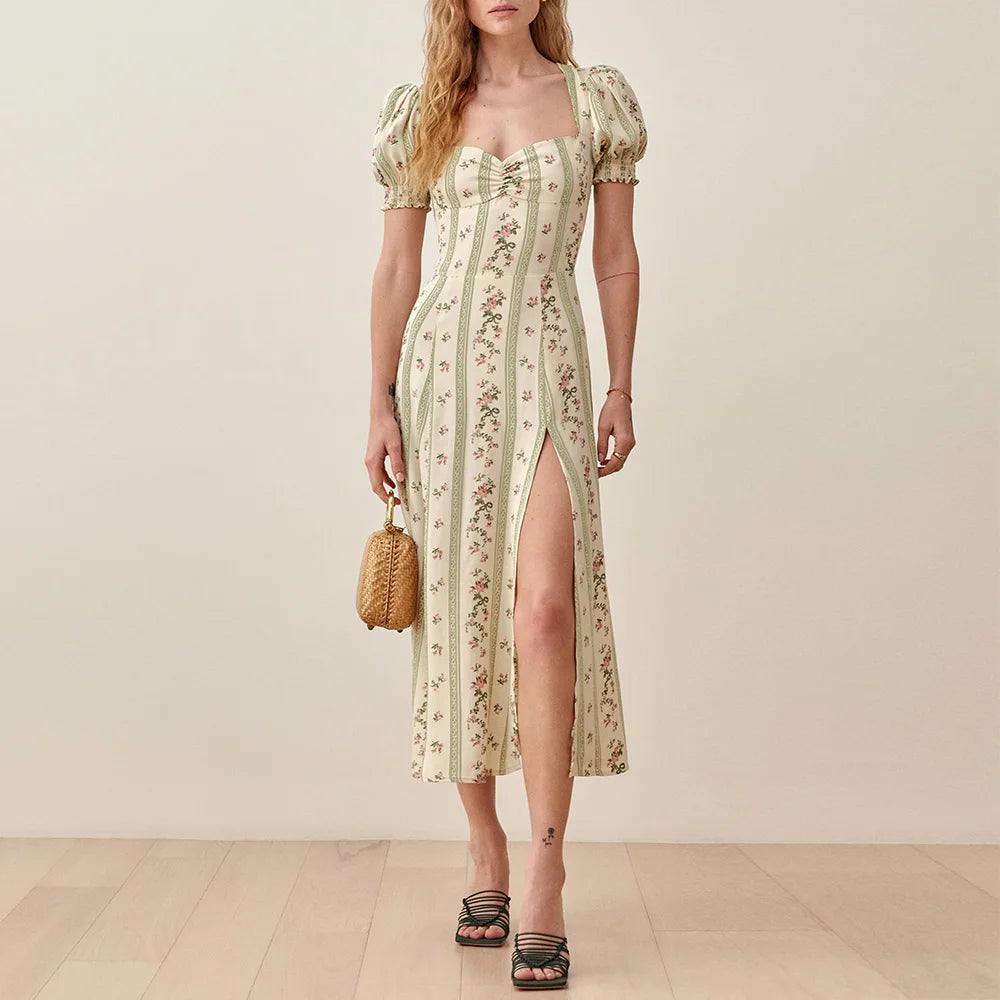 Summer Dress 2021 Beach Boho Striped Floral Dress Women Sweetheart Neck Puff Sleeve Elegant Vintage Chiffon Midi Dress with Slit