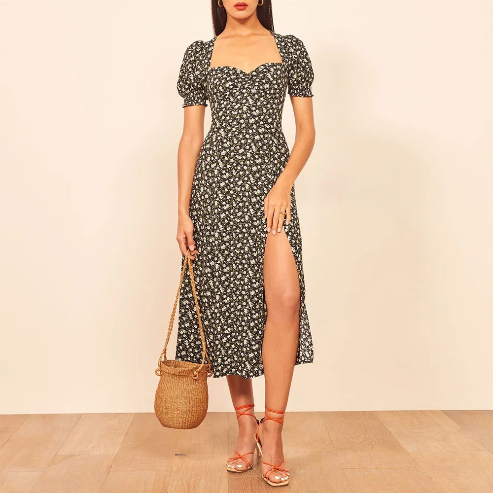 Summer Dress 2021 Beach Boho Striped Floral Dress Women Sweetheart Neck Puff Sleeve Elegant Vintage Chiffon Midi Dress with Slit